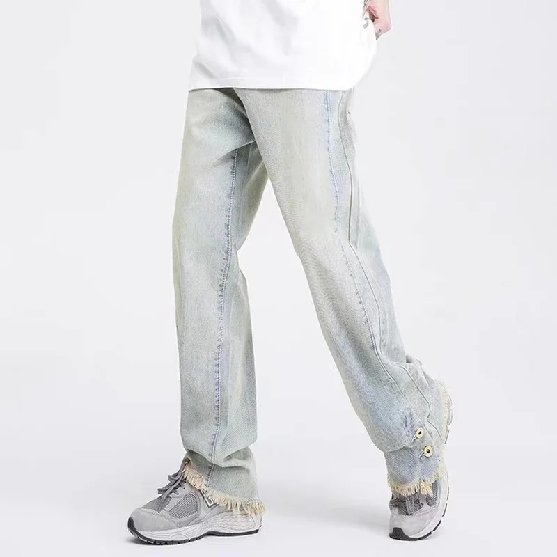 Men's Jeans High Street Hip Hop Frayed Breasted Straight Loose Jeans Y2k Pants Men Korean Fashion Streetwear Jeans Aestethic