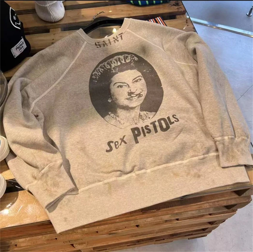 SAINT 2024 новая высококачественная винтажная стираная толстовка с круглым вырезом и
