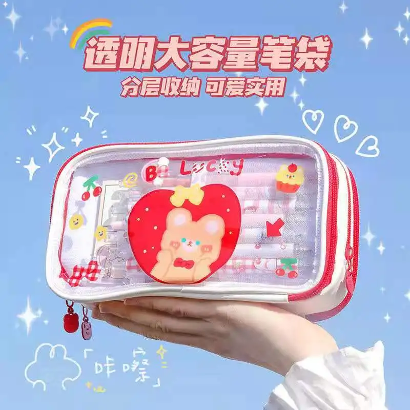 Kawaii Cute Cartoon Large-capacity Pencil Case School Students Stationery Box Ins Fashion Transparent Waterproof Pencil Case Bag