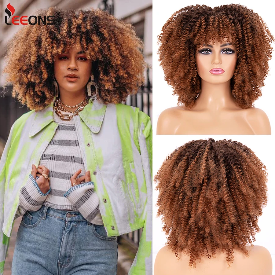 

Synthetic Black Pink Brown Afro Curly Wig With Bangs Afro Hair Heat Resistant Wigs 14 Inch Short Curly Wig For Black White Women