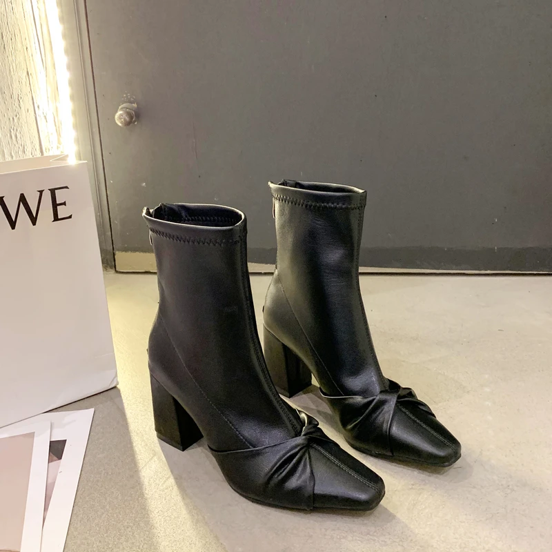 

2022 Autumn Winter New Women Ankle Boots Ladies Fashion Square Toe Back Zipper Shoes Female Office Thick Heels Botas Black Wihte