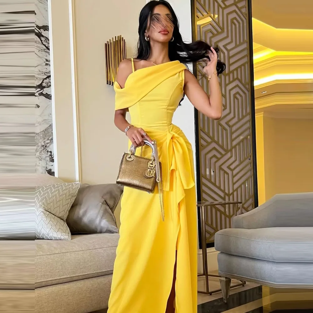 

Katerina Chic Satin Split Skirt Prom Dresses 2023 One Shoulder Another Spaghetti Strap Formal Woman Party Dress Evening Gowns
