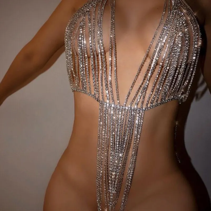 

New Sexy luxury fashion shiny sexy body belly button full chain body chain bra necklace tassel waist chain delicate jewelry