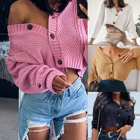 women autumn crop knit sweaters twist knitted short jacket loose cropped sweater buttons cardigan oversize fashion clothes pink