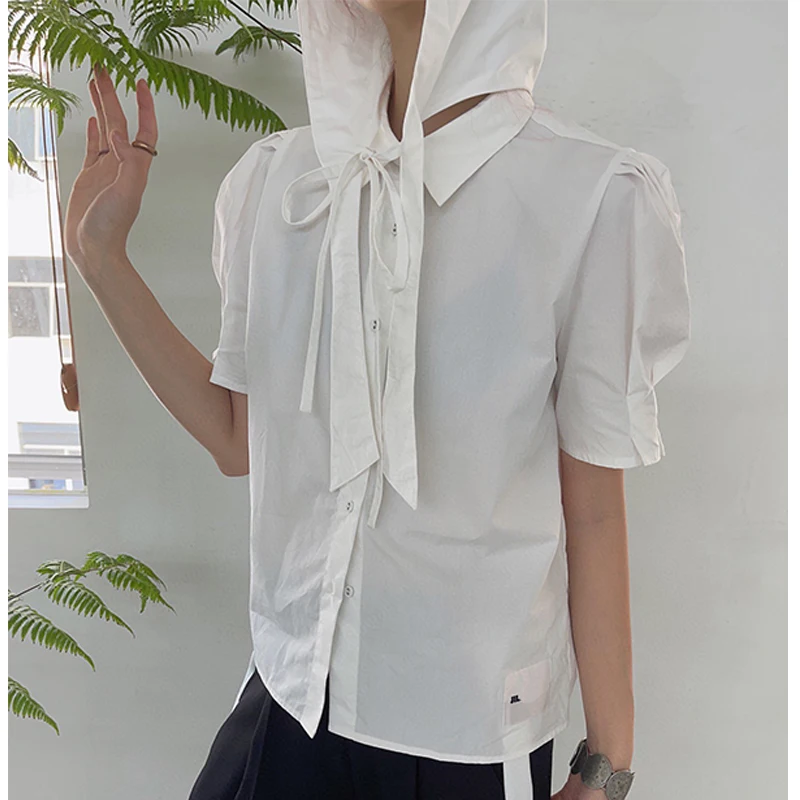 

Jil 22ss spring and summer new label hooded design short shirt sander shoulder fold bubble sleeve hooded removable short sleeve