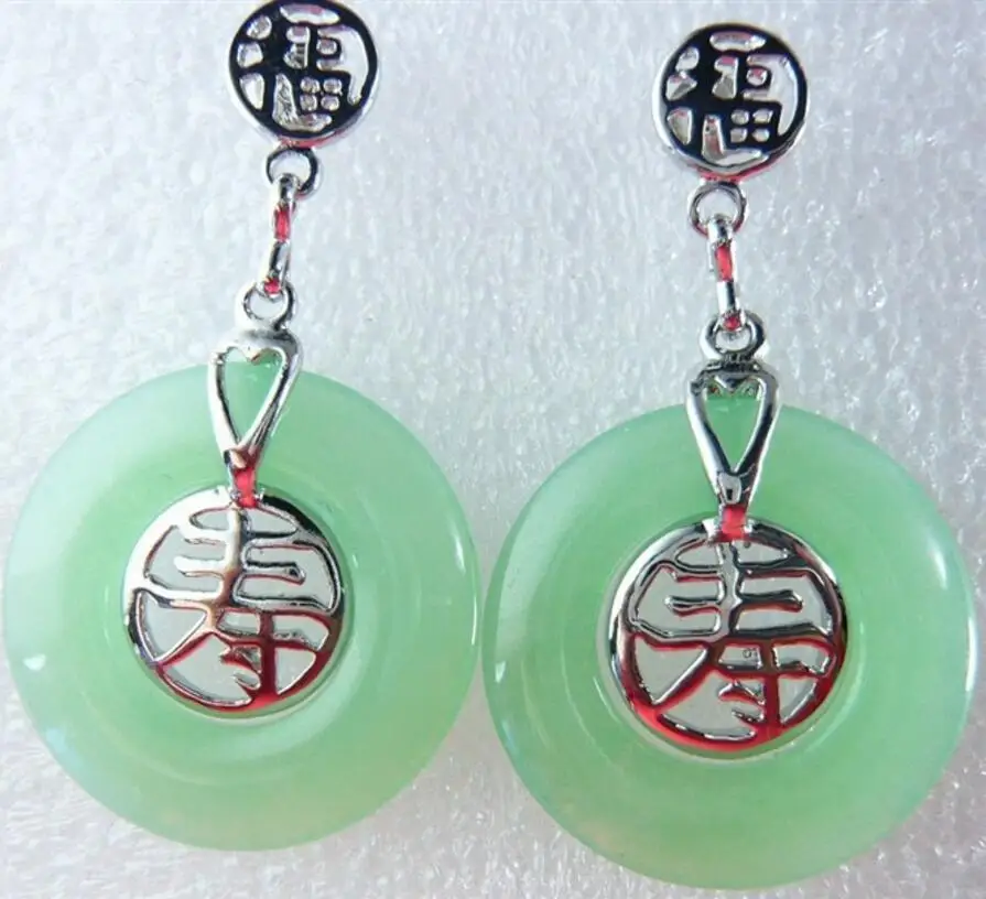 

3 choices Wholesale light green/green Natural jade chinese character fu &shou lucky earring