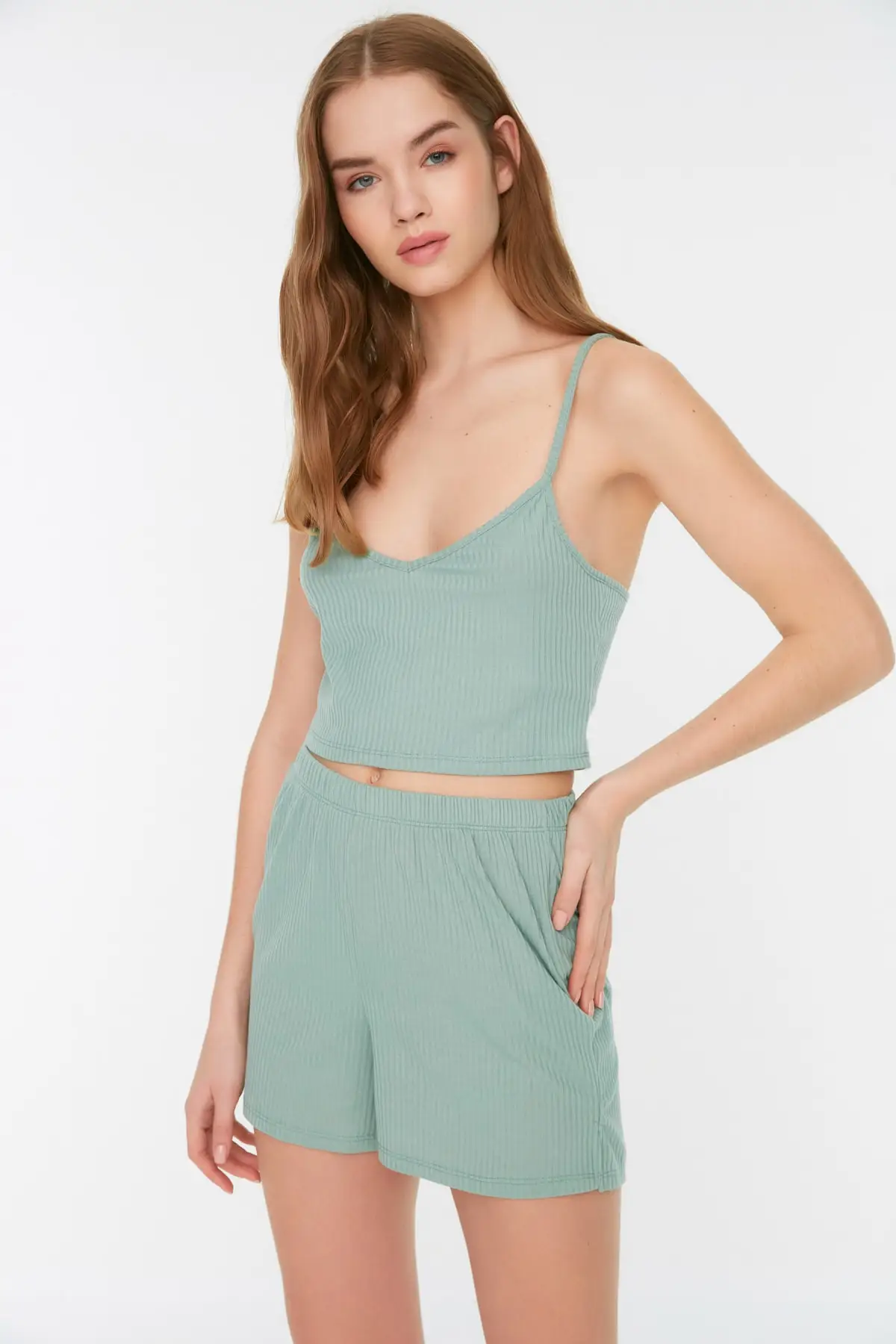 

Women's Pajamas Green Crop Camisole Knitted Sleep Lounge Pajamas Nightwear Nightwear Nightwear Casual Home Clothing