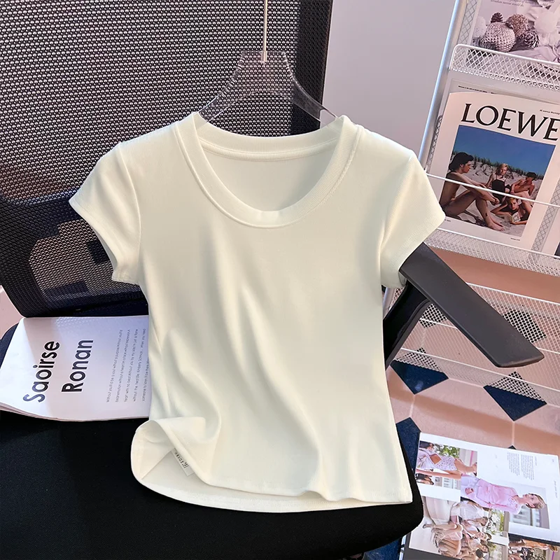 Женская футболка с коротким рукавом приталенный хлопковый топ и круглым вырезом