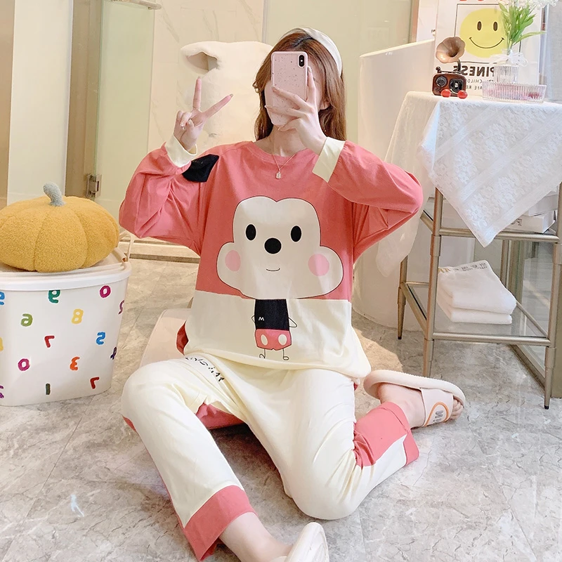 

Cartoon Women Pajamas Jumpsuits Spring Sleepwear Cotton Pyjamas Pour Femme Loose Long Sleeve Girl Pijamas Mujer Ladies Pajamas