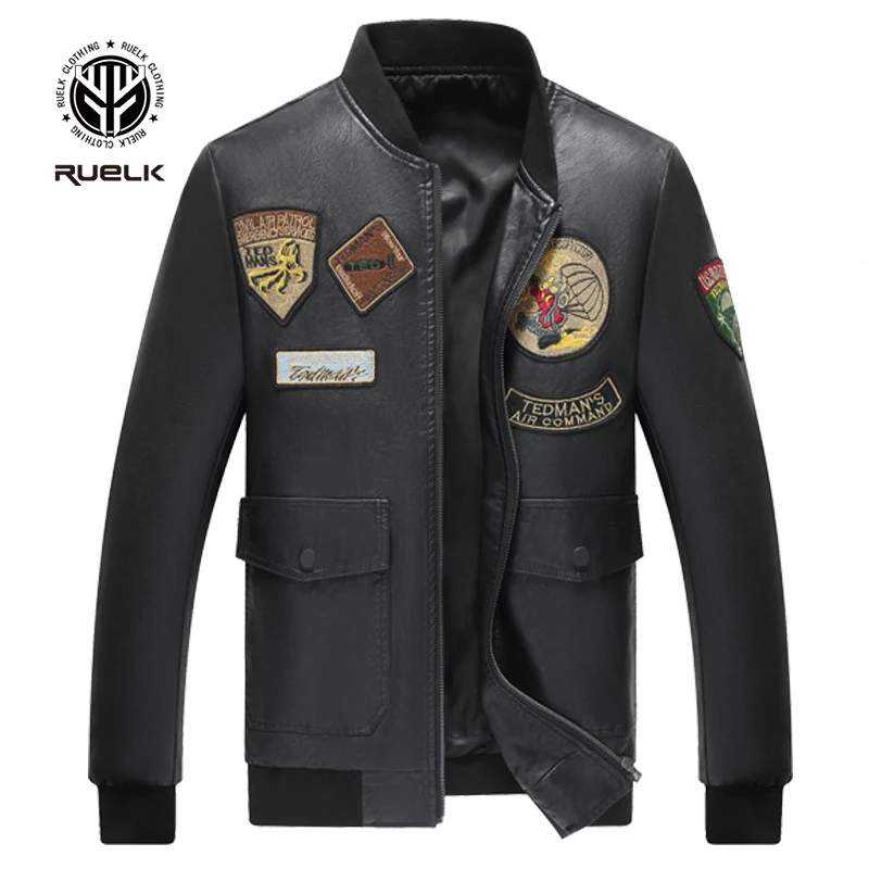 

Новинка 2021, кожаная куртка RUELK для осени и зимы, мужской Бейсбольный воротник, тонкий Полетный костюм с вышивкой, куртка из искусственной кож...