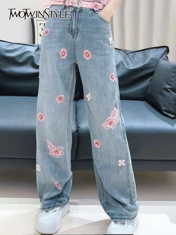 

TWOTWINSTYLE Spliced Embroidery Jeans For Women High Waist Full Length Patchwork Pocket Loose Jean Female Fashion Clothing 2023