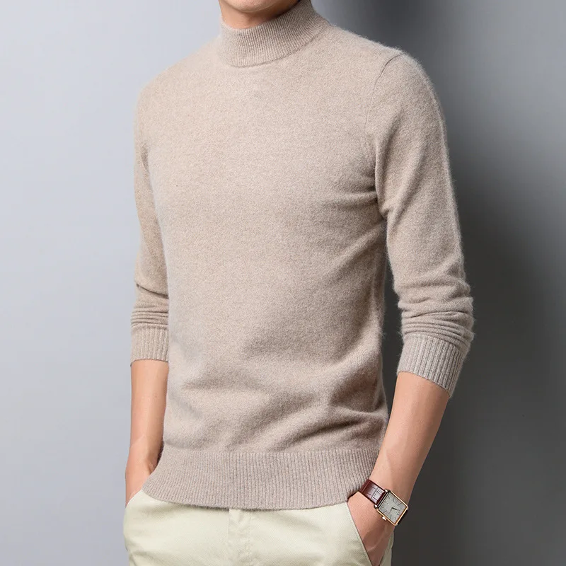 2021 New Men's Sweater Winter  Half High  Solid Color Pullover Warm Knit Sweater Long Sleeve Bottoming Shirt
