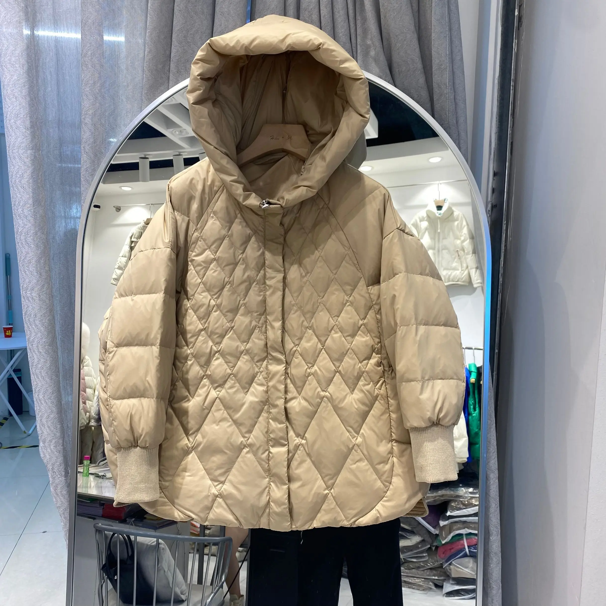 

New Down Jacket Women's Diamond-shaped Thick Hooded Long Sleeve Solid Color White Duck Down Warm Coat F656
