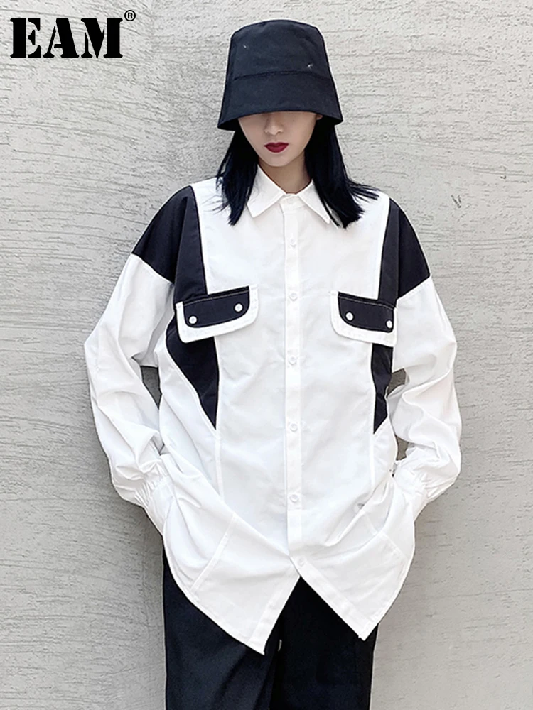 

[EAM] Women Black Color-block Big Size Blouse New Lapel Long Sleeve Loose Fit Shirt Fashion Tide Spring Autumn 2023 1DF11110
