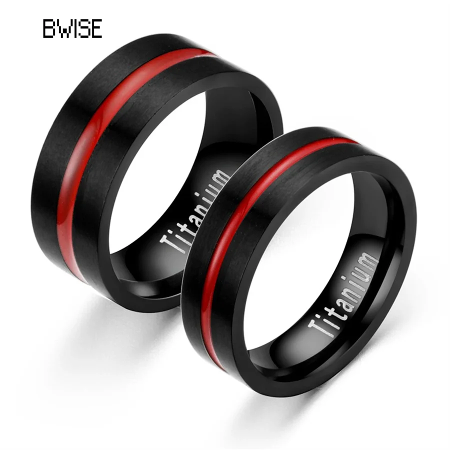 

BWISE Men's fashion 8MM Black Brushed Ladder Edge Stainless Steel Ring Red Groove Men Wedding Ring Gifts For Men