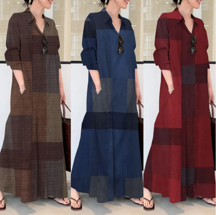 

Cotton Linen Women's Dress Loose Long Sleeve Long Plaid Dresses Female 2022 Autumn New Fashion Elegant Clothes Ladies
