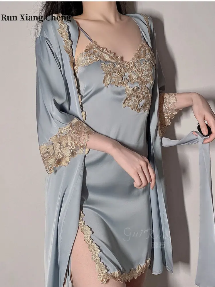 2022 Fall New Pajamas Women's Sexy Deep V Satin Silky Gown Thin Style Plus Size Suspender Bathrobe Home Wear Set Night Dress