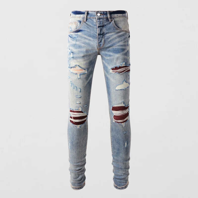 High Street Fashion Men Jeans Retro Blue Elastic Stretch Skinny Ripped Jeans Men Red Patched Designer Hip Hop Brand Pants Hombre