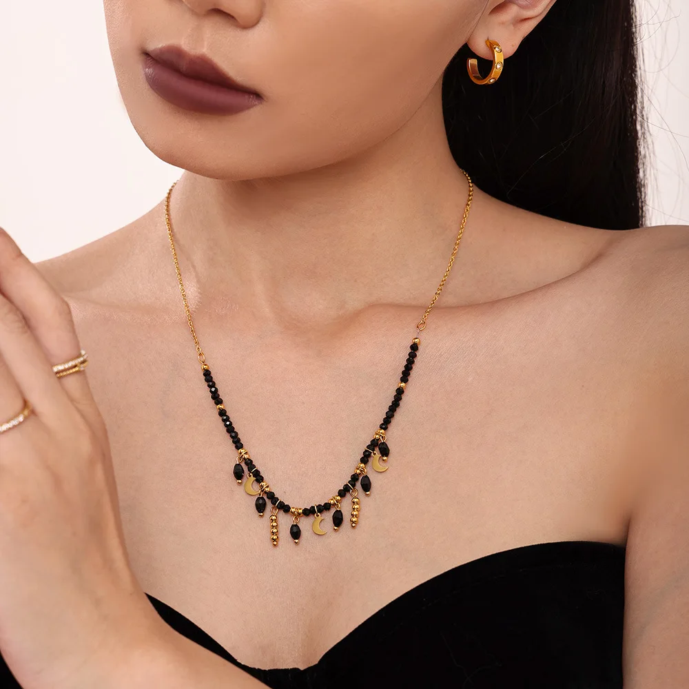 Noble Black Crystal Stainless Steel Necklace for Women Gold Plated Tassel Pendant Luxury Charm Chain Jewelry Gift |