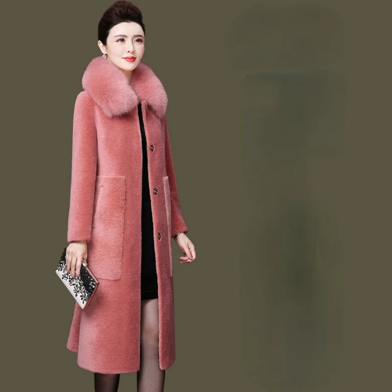 New Winter Wool Fur Coat Fox Fur Collar Hooded Female Jacket Elegant Mid-Length Slim Coats Women Sheep Shearing Coat Femme E698