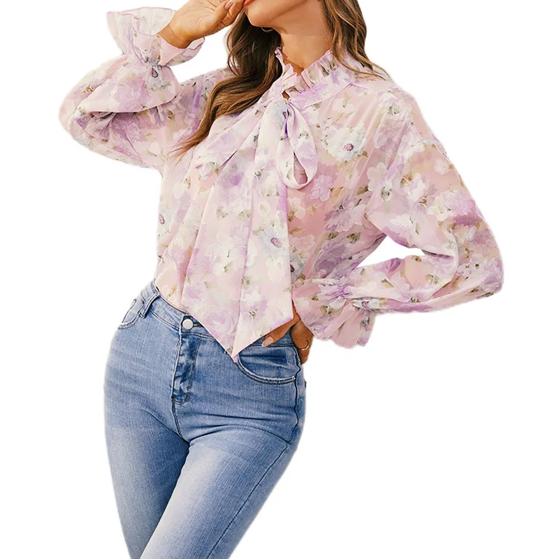Floral Shirts for Women Chiffon Blouses for Women Fashion 2022 Autumn Bow Vintage Womens Tops and Blouses Basic Feamle Clothing