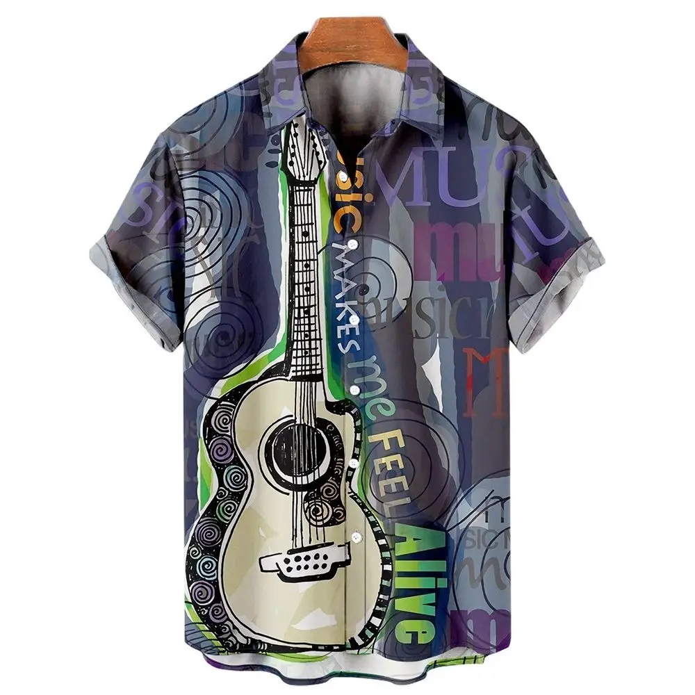 Music Guitar Print Shirts For Men Rock Hip Hop Tee Summer Leisure Lapel Short Sleeve Shirts Unisex Loose Cardigan Top Streetwear