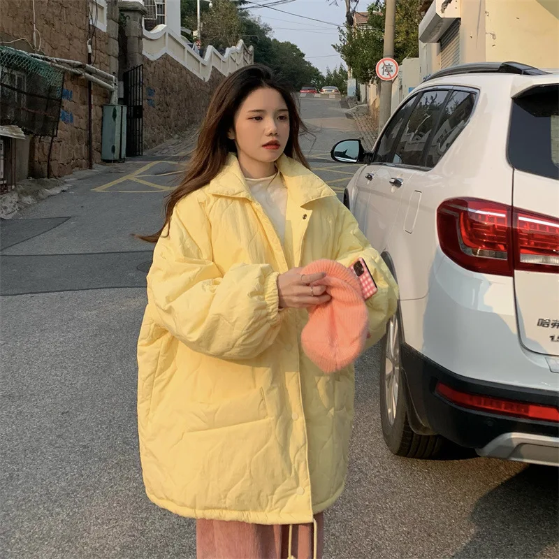 Quilted Jacket for Women Fall Winter 2022 Thicken Warm Turn Down Collar Button Up Insole Lamb Wool Coat Fashion Oversize Parkas