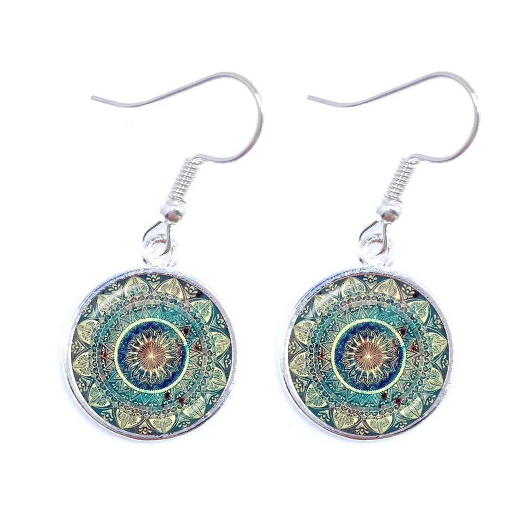 

Mandala Picture Drop Earrings Henna Yoga Om Symbol Zen Buddhism Glass Cabochon Dome Jewellery For Women Girls Gift