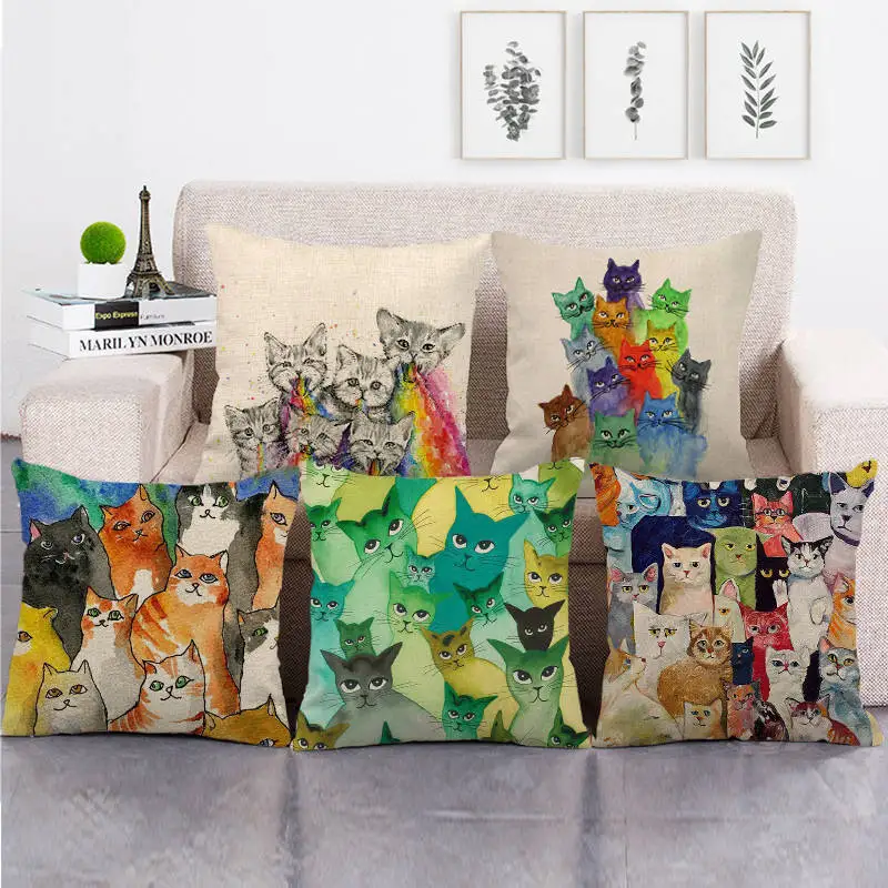 

Colorful Cat Linen Pillowcase Cute Kitten Pillow Case Home Decor Room Aesthetics Girl Boy Kids Room Gift Sofa Bed Pillow Cover