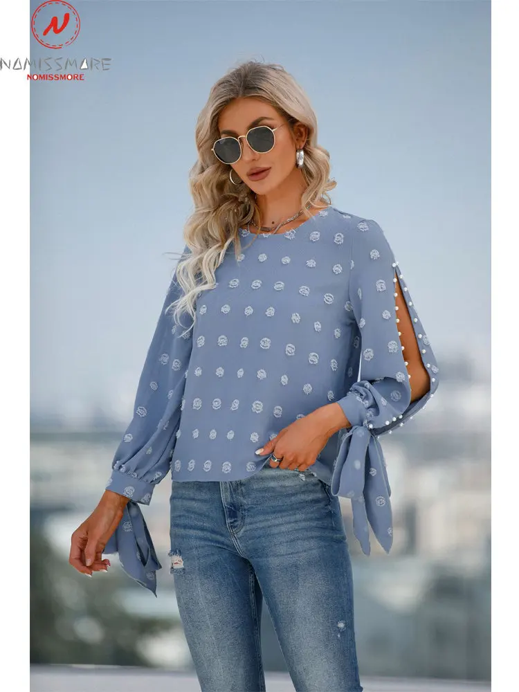 

Женская жаккардовая блузка с круглым вырезом и длинным рукавом