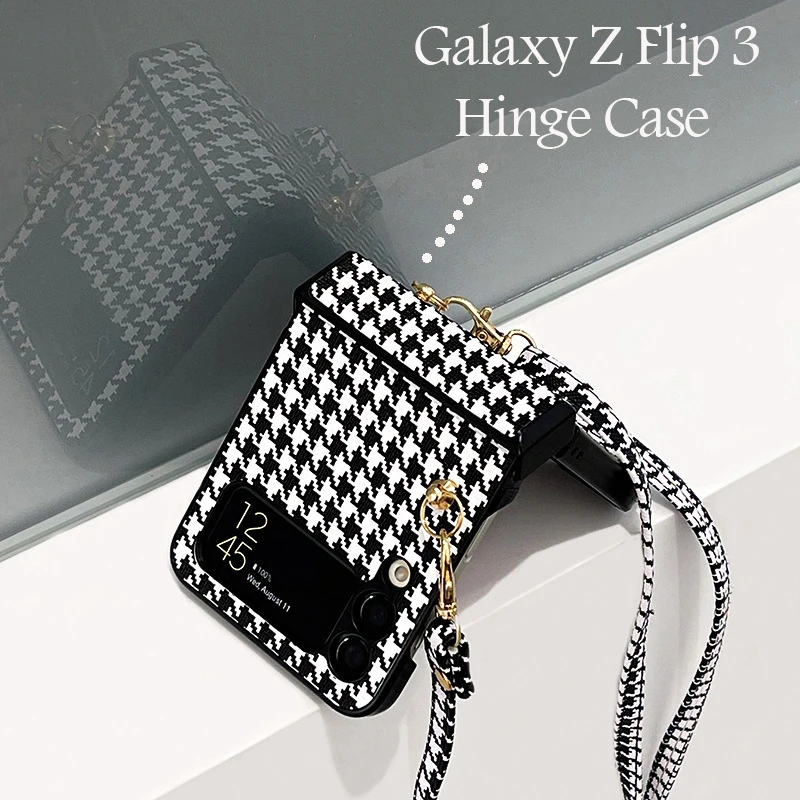 

Luxury Qianniao Lattice Shoulder Strap Phone Case For Samsung Galaxy Z Flip 3 5G Fold PU Leather and PC Hard 3 and 1 Cover