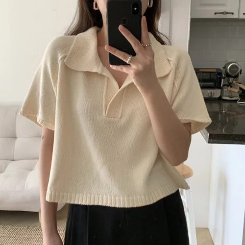 

Korean Style Summer Blouse Women Short Sleeve Turn Down Collar Loose Solid Color Elegant Knitted Ladies Tops Casual Blusas