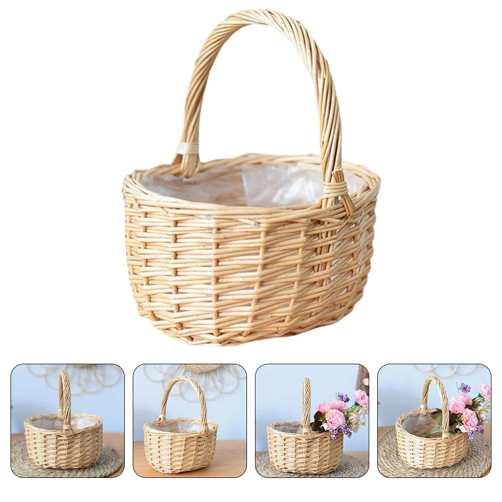 

Basket Flower Picnic Woven Rattan Storage Egg Baskets Easter Handle Holder Wicker Girl Fruit Handwoven Gift Willow Bread Rustic