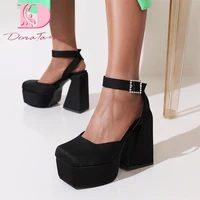 plus size 35 48 new womens sandals black chunky high heels platform crystal buckle strap square toe woman shoes elegant sandals