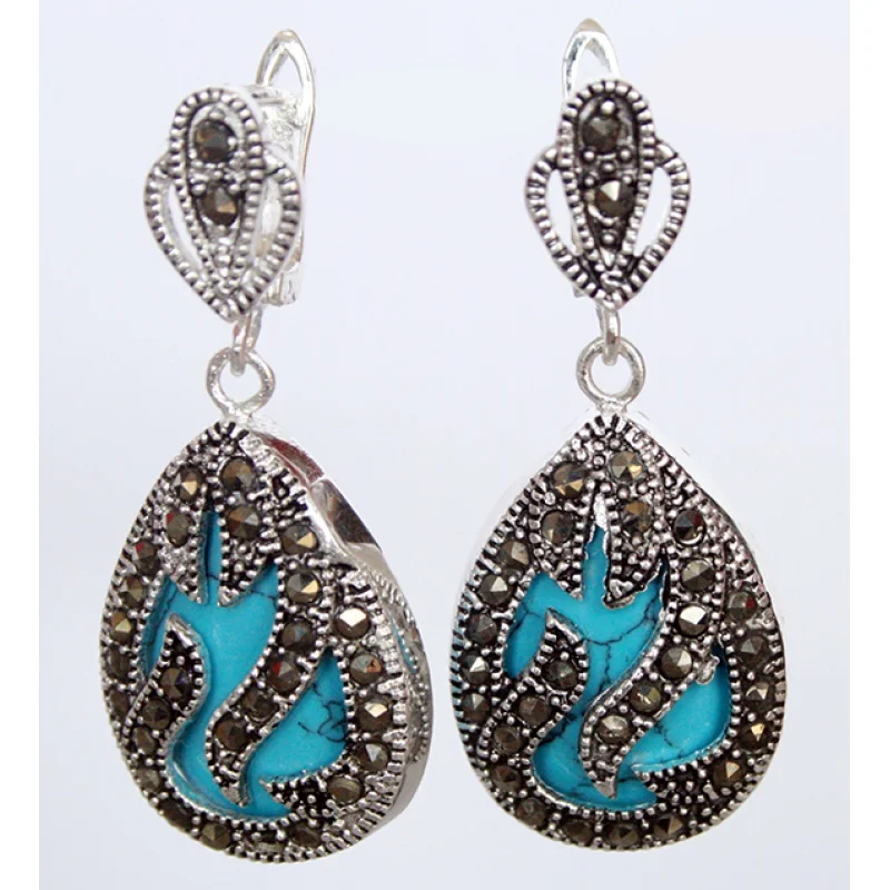 

11/2" fashionable jewelry 925 Silver & Marcasite inlay blue stone Waterdrop Earrings 5.29