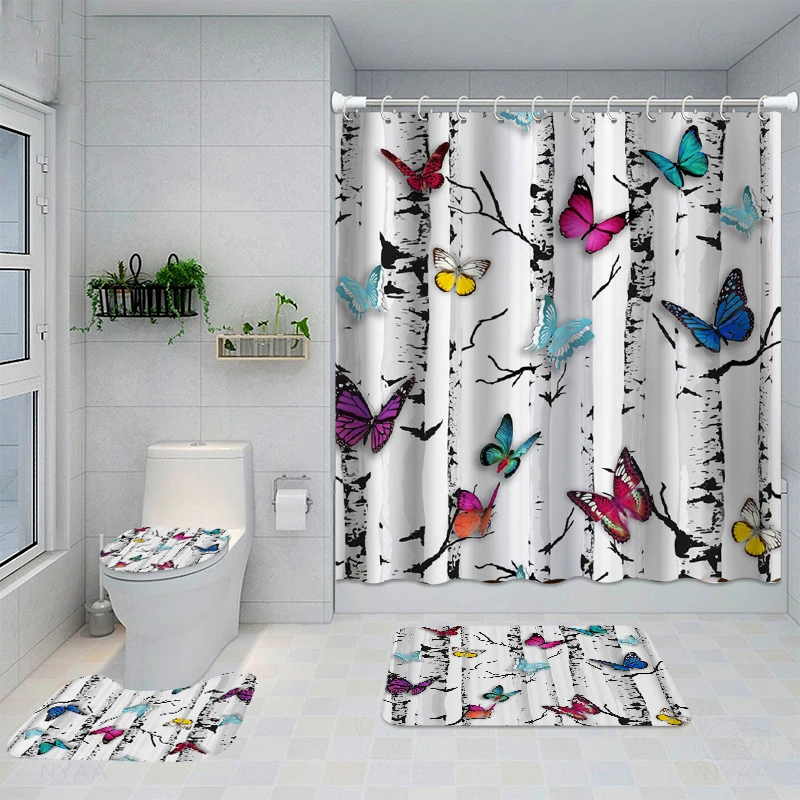 

Butterfly Bathroom Waterproof Shower Curtain Set with 12 Hooks Toilet Seat Cover Non-Slip Mat Rugs Carpet Washable Home Decor