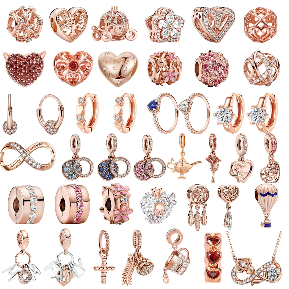 

2021 Christmas Original Rose Gold Earring Ring Necklace Love Bead DIY Fit Pandora Charms Bracelet Fine Jewelry Charm Accessories