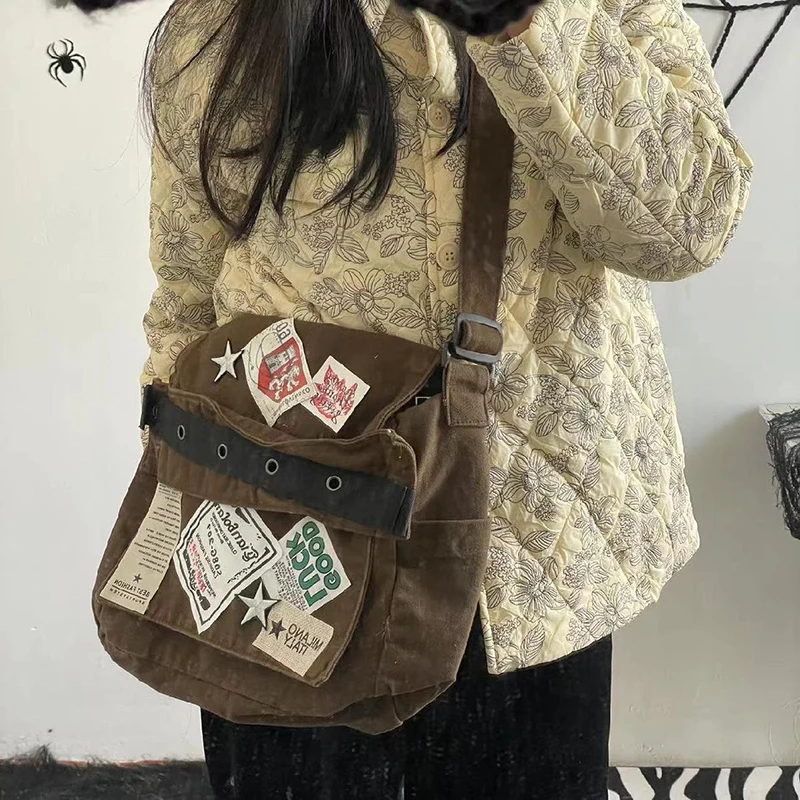 

Vintage Y2K Crossbody Bag Women Canvas Casual Star Patch Preppy Patchwork Shoulder Bag Female Harajuku Student Messenger Handbag