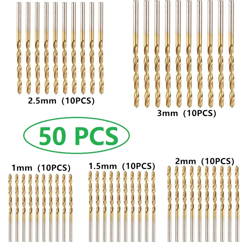 

50Pcs Titanium Coated Drill Bit High Speed Steel Drill Bit Straight Shank Drill Twist Drill 1 / 1.5 / 2 / 2.5 / 3MM