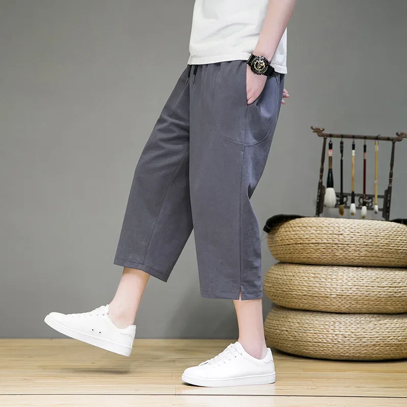 Лето 2023 новые мужские повседневные брюки длиной 7/2 свободные из хлопка и льна