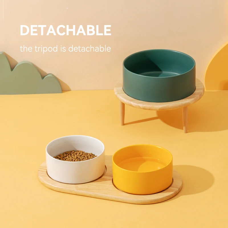 

850ml Dog Food Water Bowl Elevated Cat Drinking Eating Feeding Bowls with Wooden Stand Pet Ceramic Feeder with Removable Base
