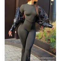 women jumpsuits flare pants summer sexy openwork o neck slim jumpsuits womens long sleeve solid color high waist jumpsuits