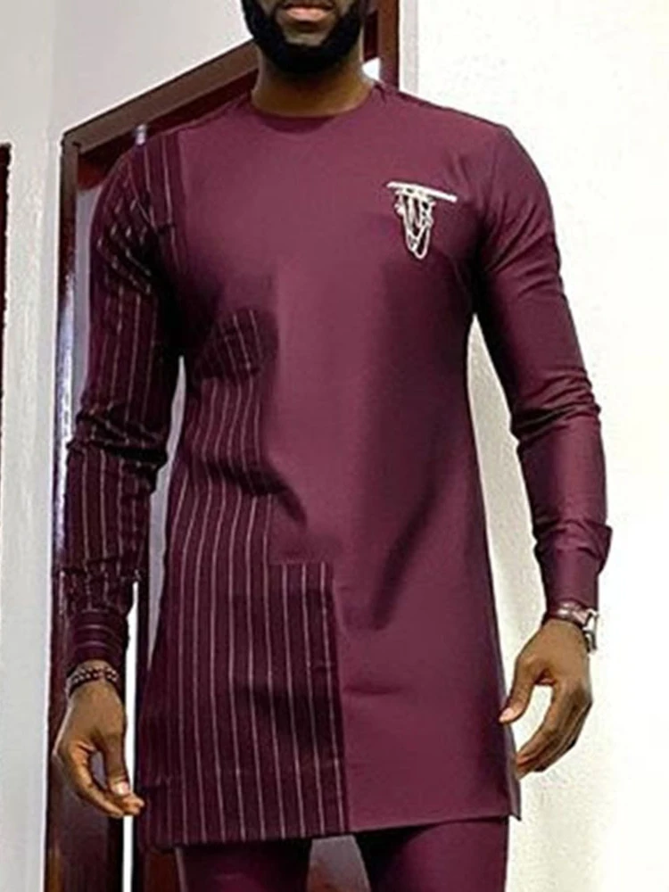 Ramadan Eid Muslim Fashion Crimson Round Neck African Robe Shirt Pants Set Arabic Shirt Camisas Estilo Europeo Pars Hombre Dubai