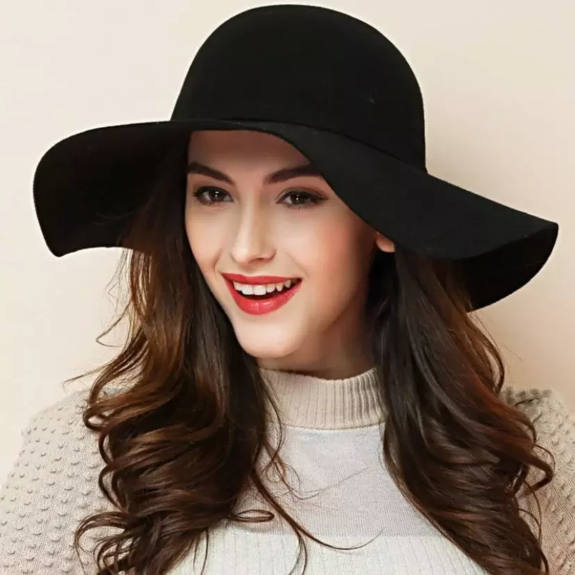 

Girls Retro Autumn Winter Bowler Hats Soft Vintage Wool Felt Fedoras Hat Solid Ladies Floppy Cloche Wide Brim Dome Cap