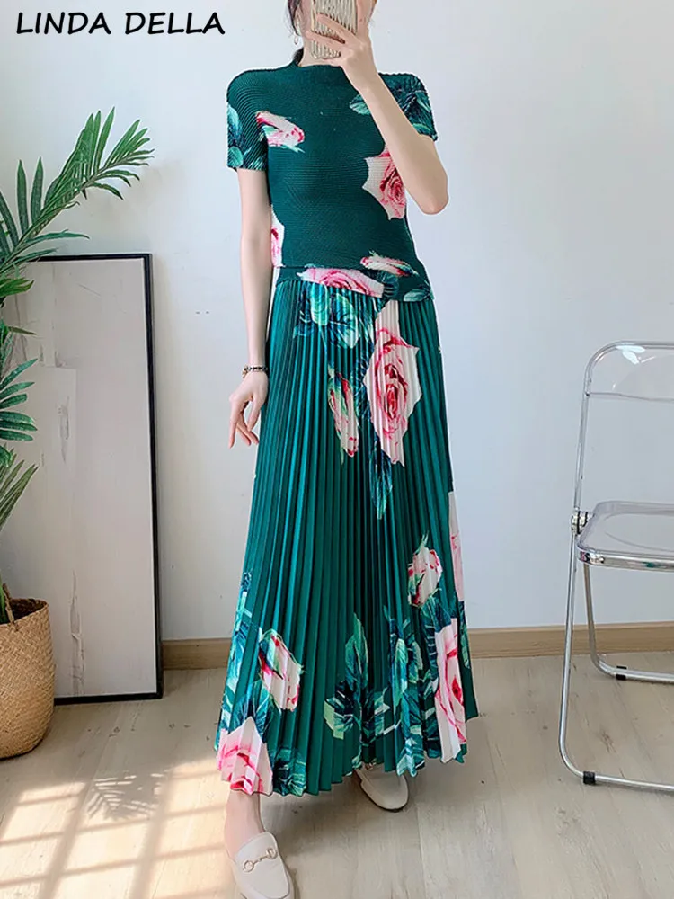 

LINDA DELLA Summer Fashion Runway Vintage Floral Print Skirts Sets Women O-Neck Tops+High Elastic Waist Pleated Half Skirt Suit