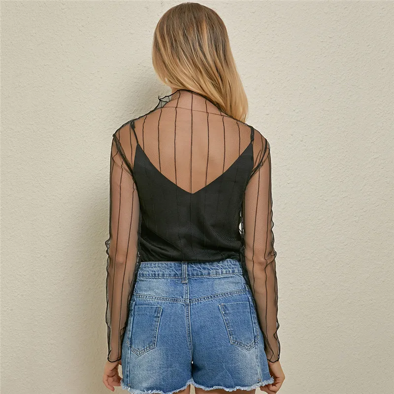 Женская прозрачная кружевная сетчатая блузка с длинными рукавами и V-образным