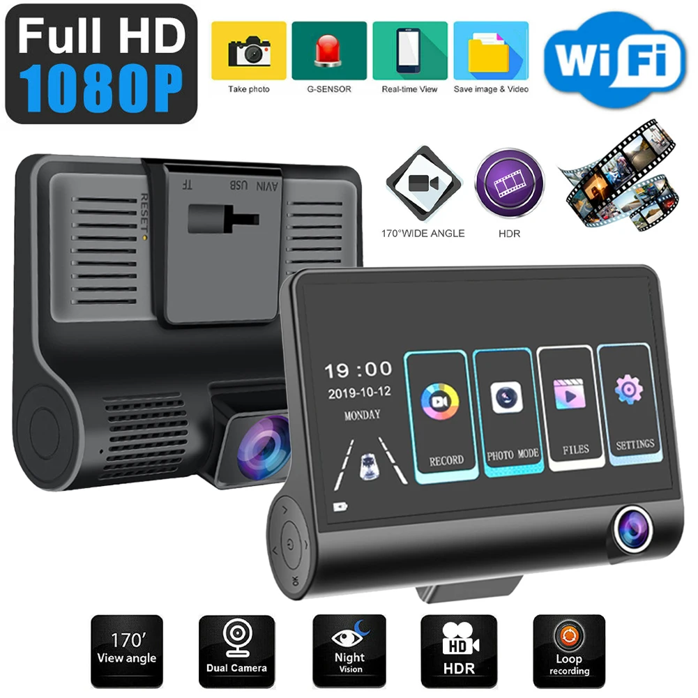 

1080P Dash Cam 3 Channel Front Inside Rear Camera Recorder 4" Touch Screen Night Vision Loop Recording G-Sensor Parking Monitor