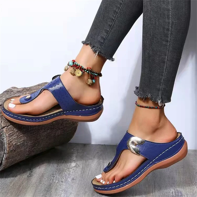 2023 Summer Women Wedge Sandals Premium Orthopedic Open Toe Sandals Vintage Anti-slip Leather Casual Female Platform Retro Shoes