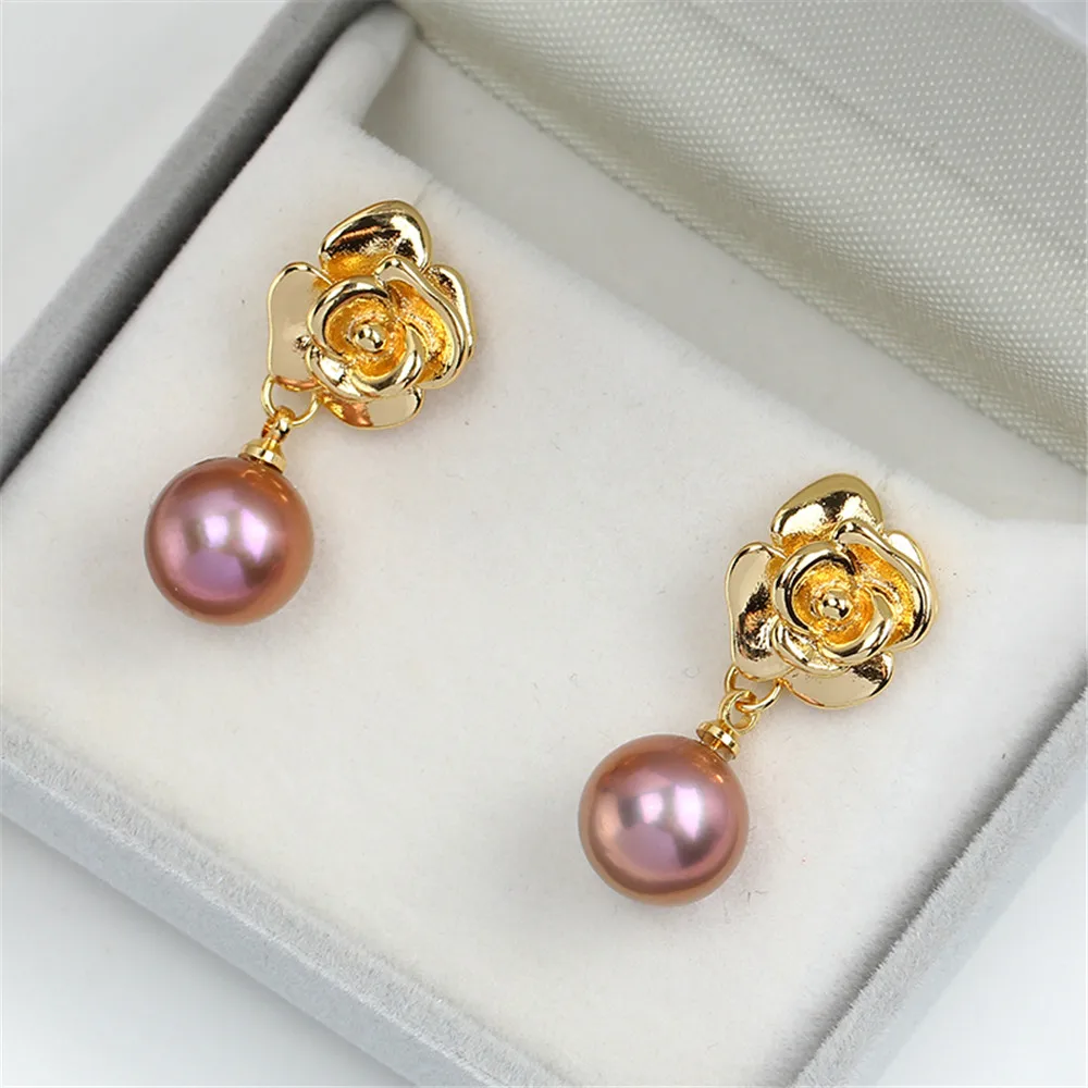 

S925 Silver Needle Exquisite Rose Pearl Earrings with 14K Gold Wrapped Earstuds, Empty Holder DIY Accessories, Elegant Women