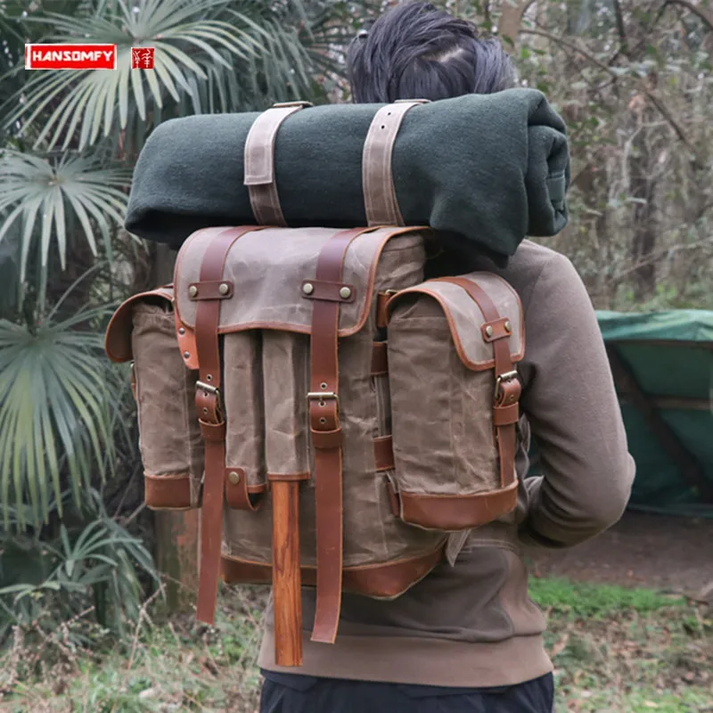 

Men's Women's Backpack Outdoor Camping 25L Waterproof Oil Wax Canvas With Leather Travel Backpack Sport Climbing Leisure Bag